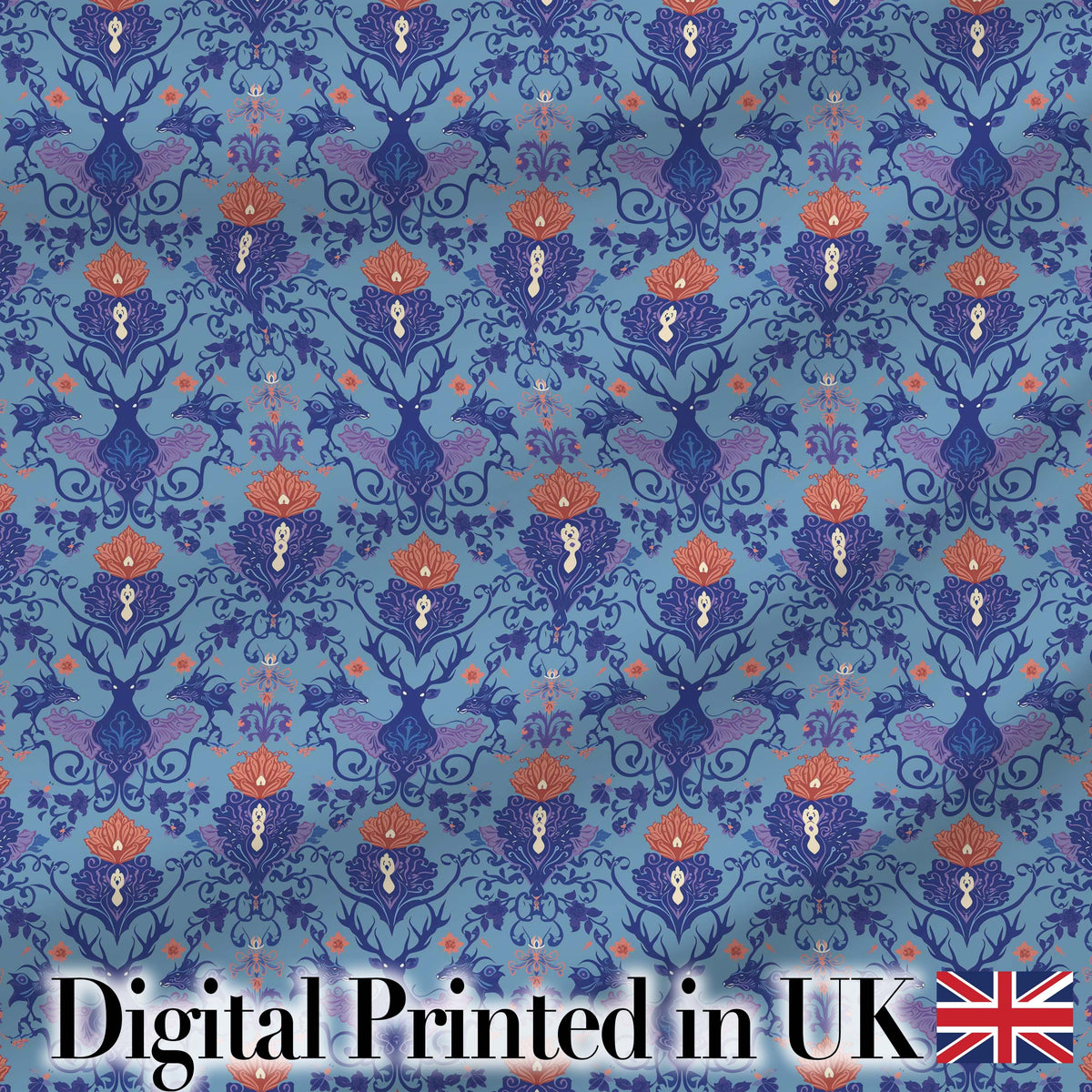 Ornate Damask Deer with Floral Motifs Blue Background Seamless Pattern Digital Print Fabric by the Metre UK Sewing Quilting Textile