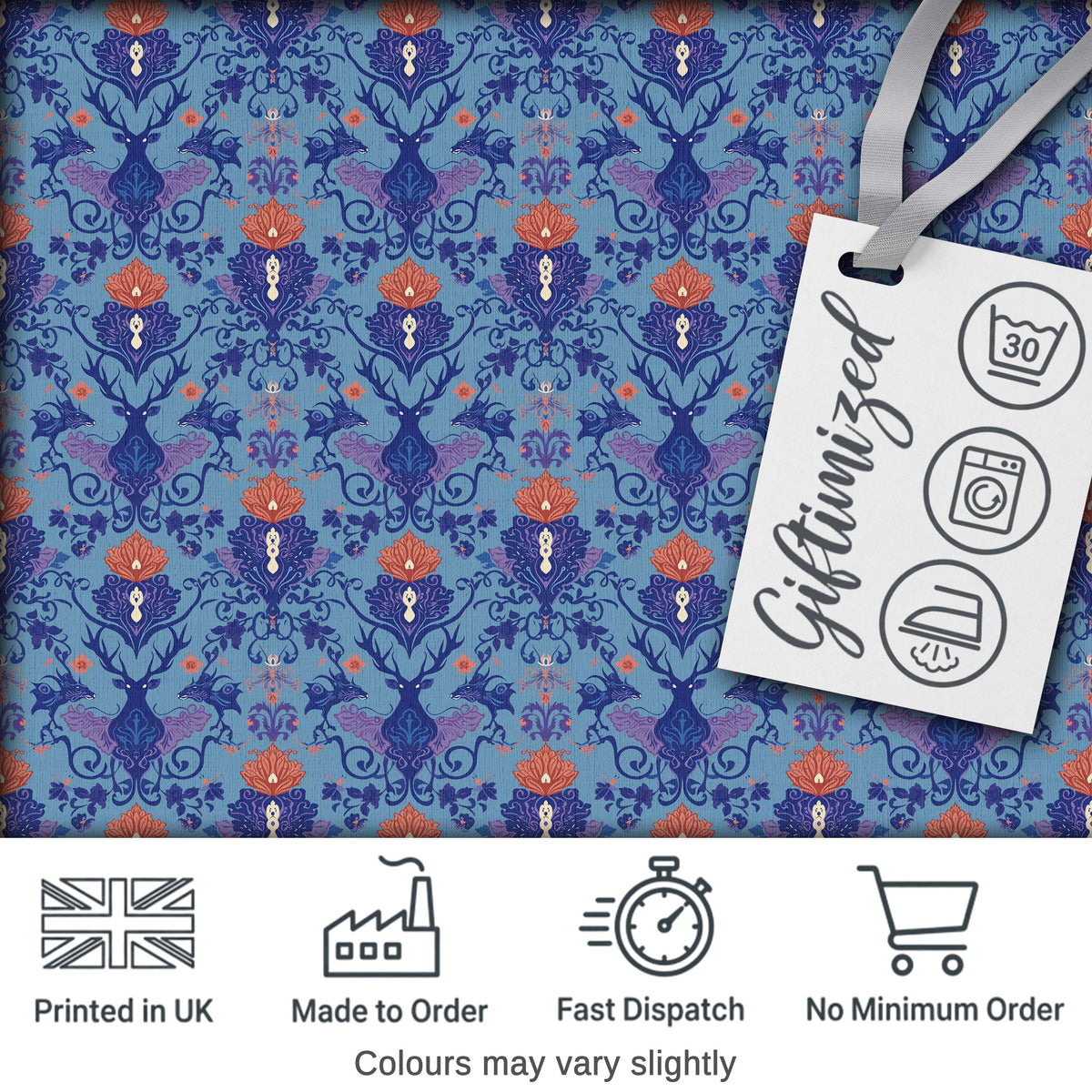 Ornate Damask Deer with Floral Motifs Blue Background Seamless Pattern Digital Print Fabric by the Metre UK Sewing Quilting Textile