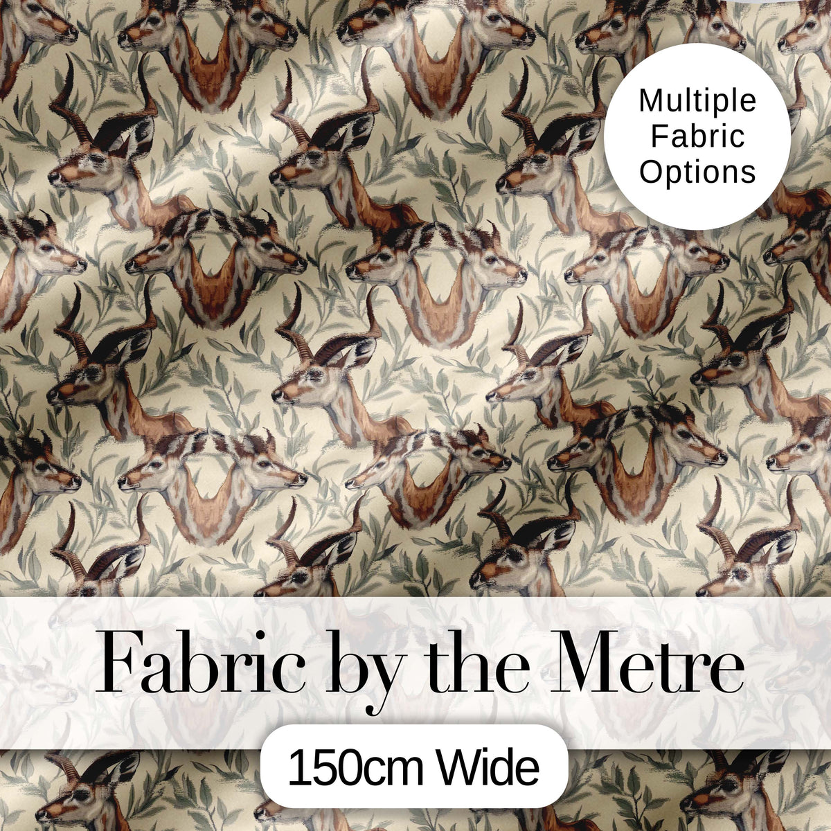 Natural Gazelle with Botanical Leaves Neutral Background Seamless Pattern Digital Print Fabric by the Metre UK Sewing Quilting Textile