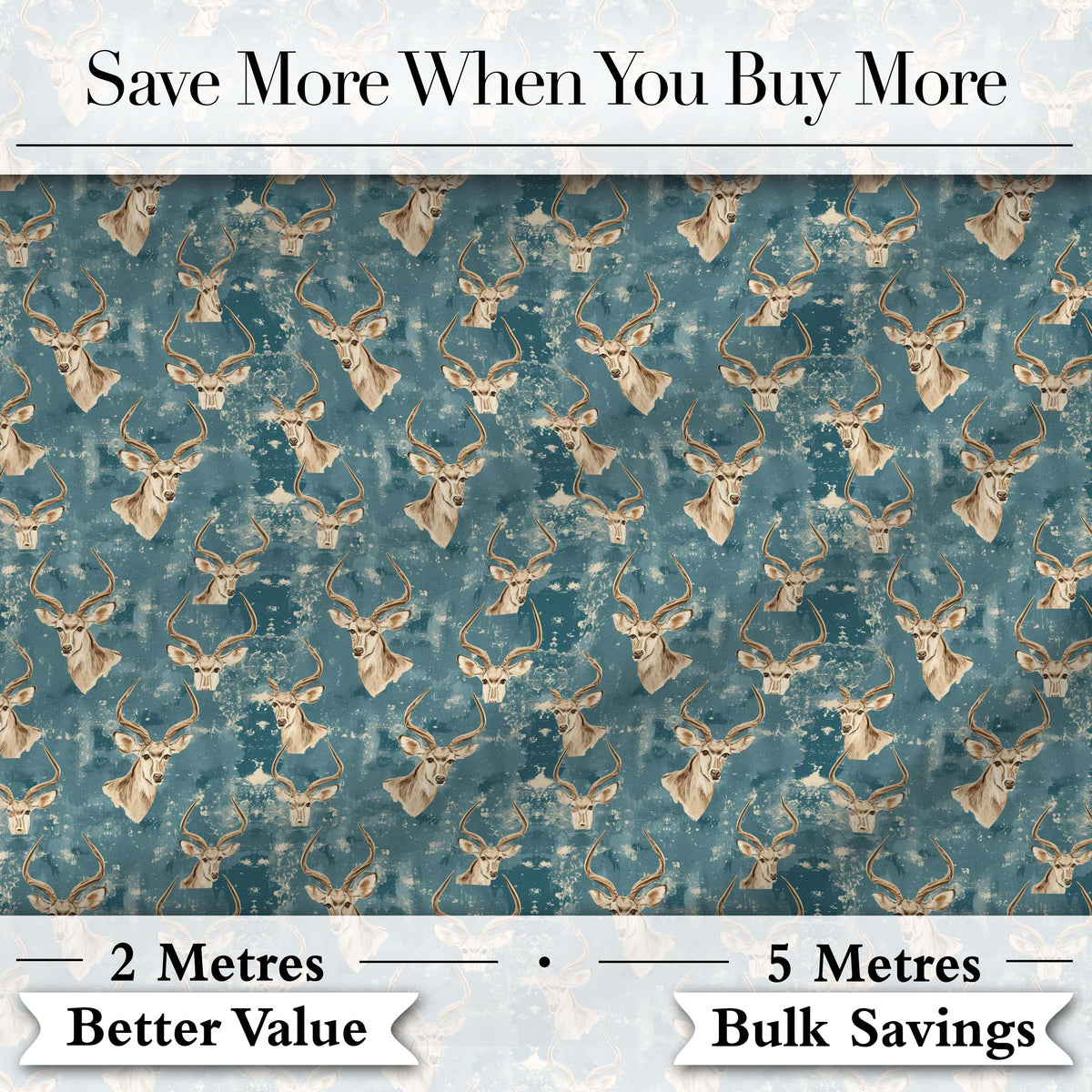 Minimal Antelope Heads on Textured Blue Background Seamless Pattern Digital Print Fabric by the Metre UK Sewing Quilting Textile