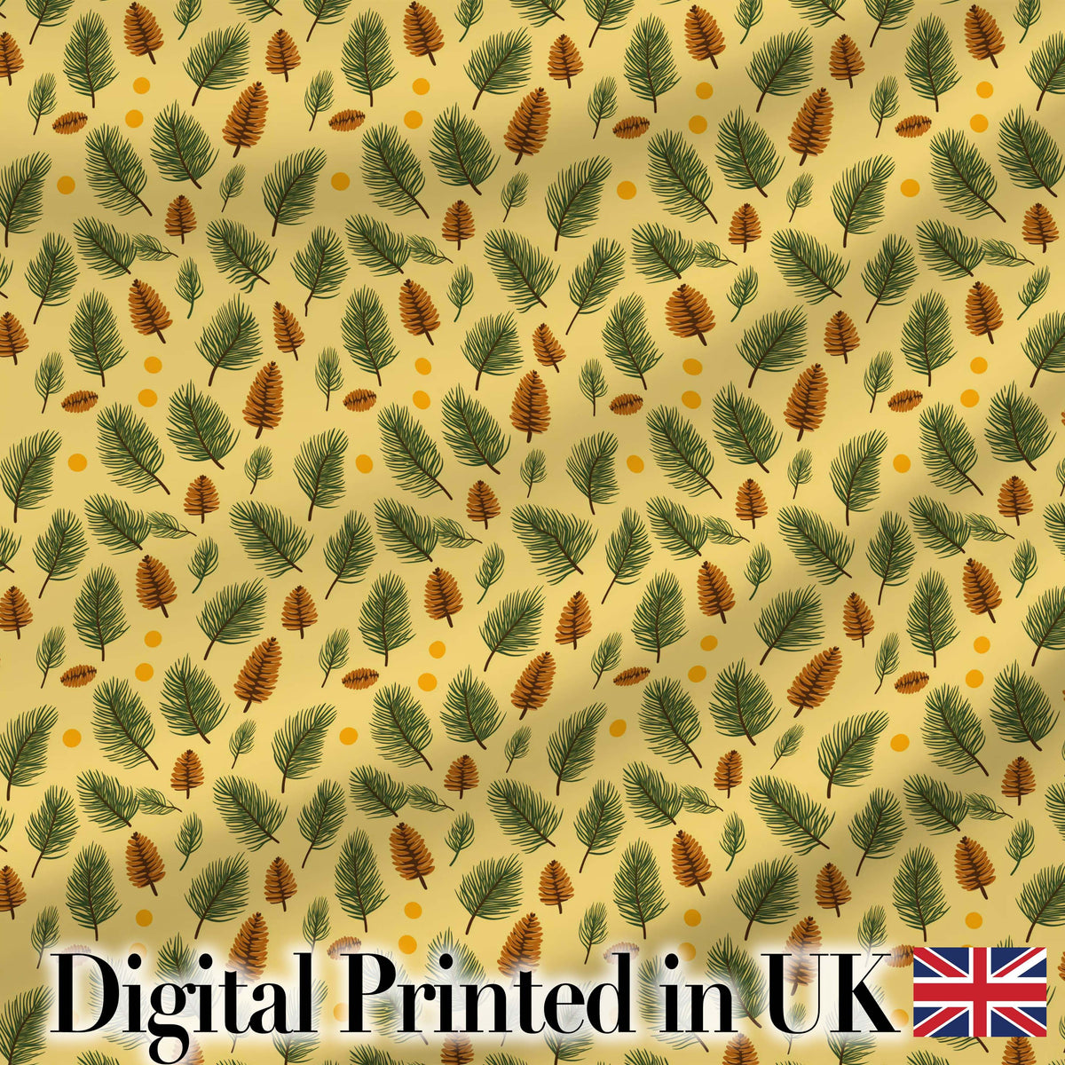 Autumn Pine Cones and Green Fir Leaves Seamless Pattern Digital Print Fabric by the Metre UK Sewing Quilting Textile