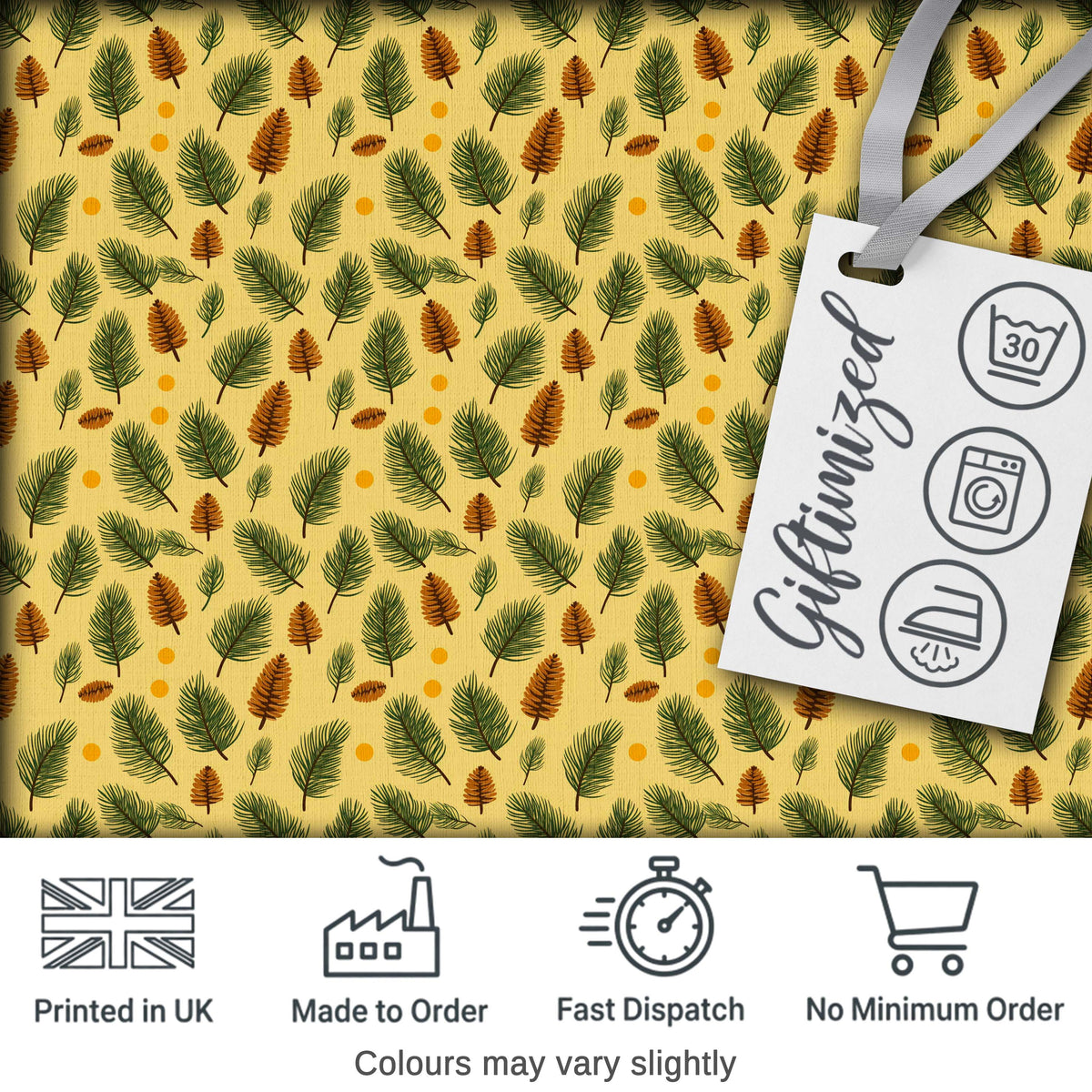 Autumn Pine Cones and Green Fir Leaves Seamless Pattern Digital Print Fabric by the Metre UK Sewing Quilting Textile