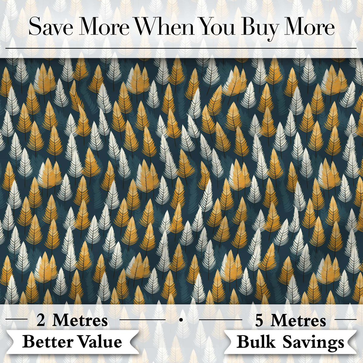 Scandinavian Leaf Pattern in Mustard White and Blue Seamless Digital Print Fabric by the Metre UK Sewing Quilting Textile