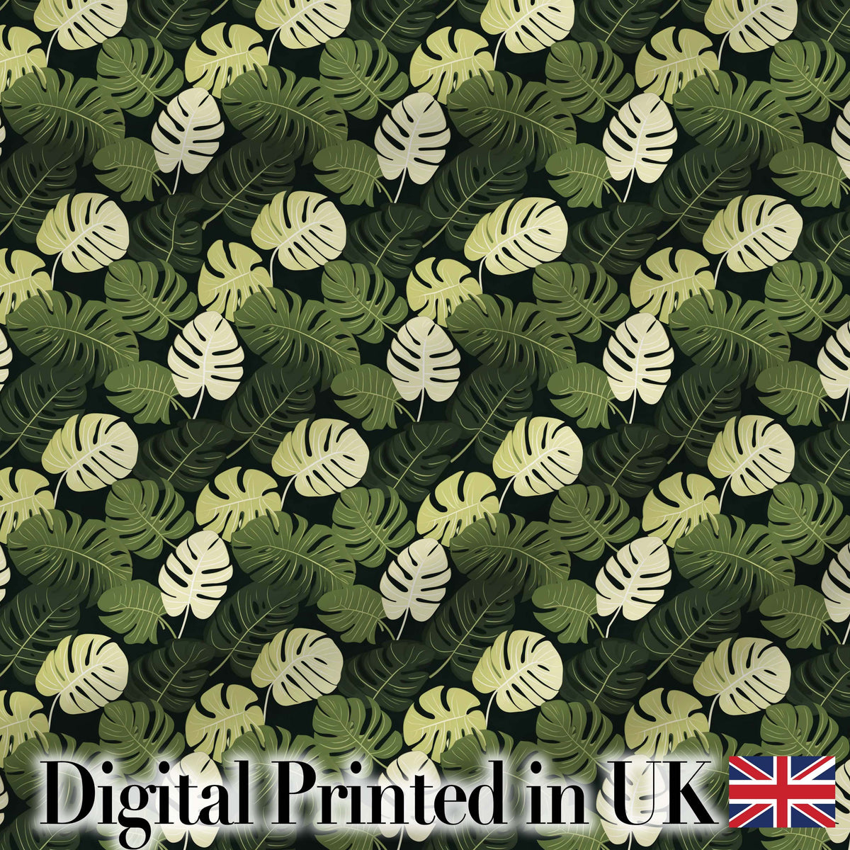 Stylized Monstera Leaf Pattern in Green Tones Seamless Digital Print Fabric by the Metre UK Sewing Quilting Textile