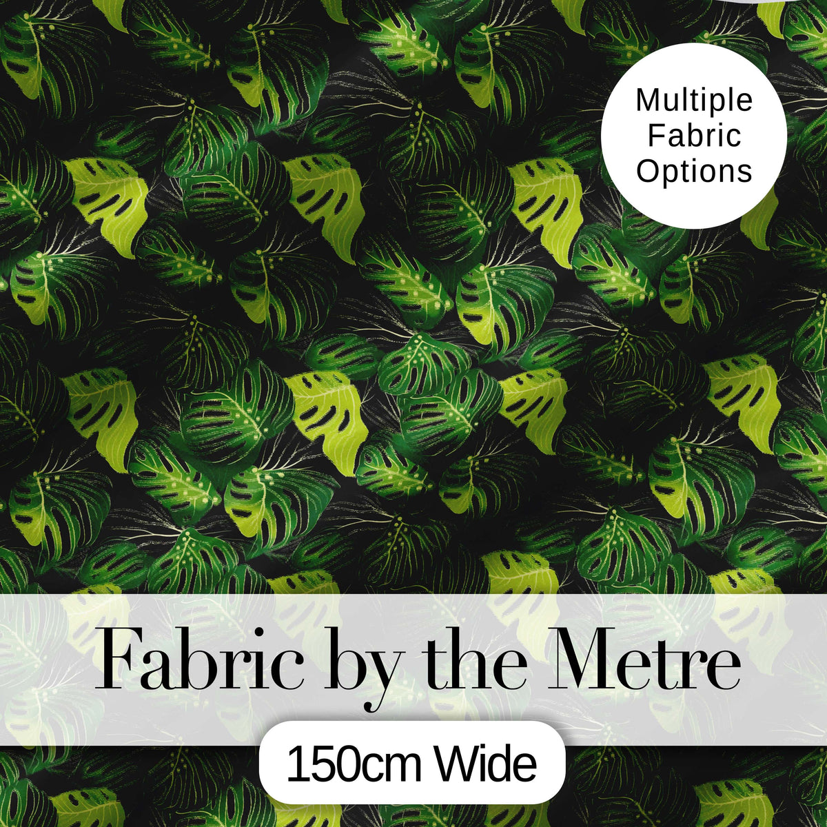 Bold Monstera Leaves on Black Background Tropical Seamless Pattern Digital Print Fabric by the Metre UK Sewing Quilting Textile