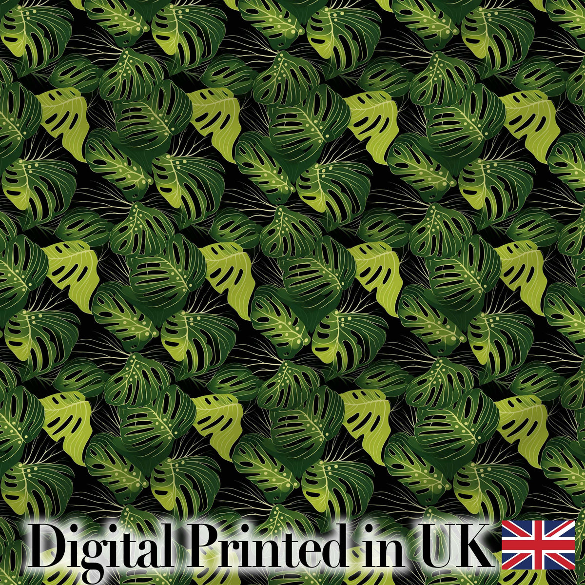 Bold Monstera Leaves on Black Background Tropical Seamless Pattern Digital Print Fabric by the Metre UK Sewing Quilting Textile