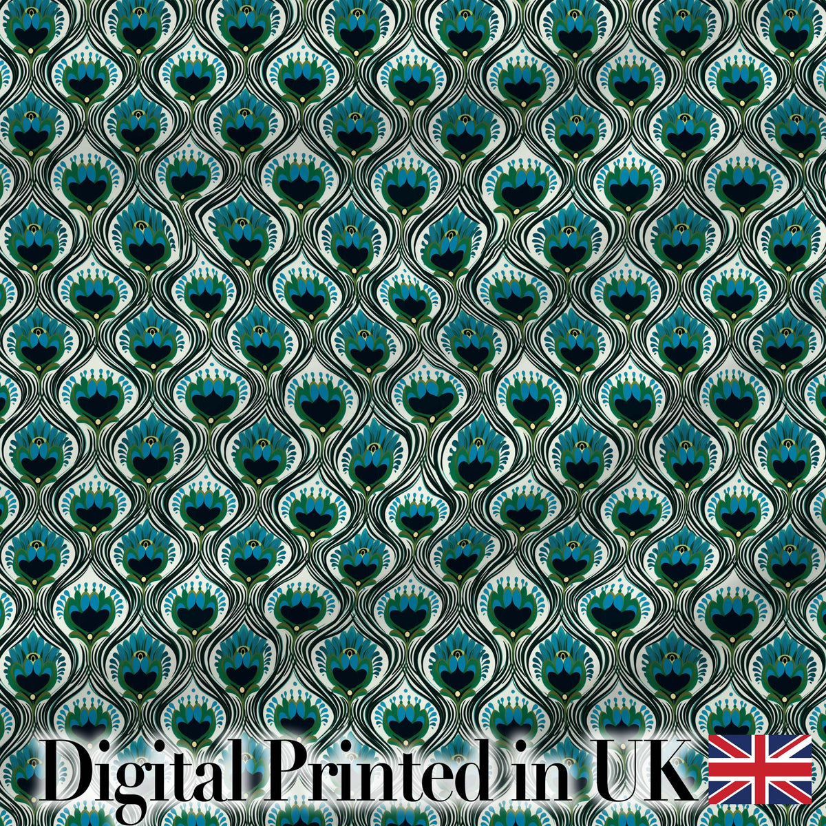 Elegant Peacock Feather Fan Art Deco Style Seamless Pattern Digital Print Fabric by the Metre UK Sewing Quilting Textile