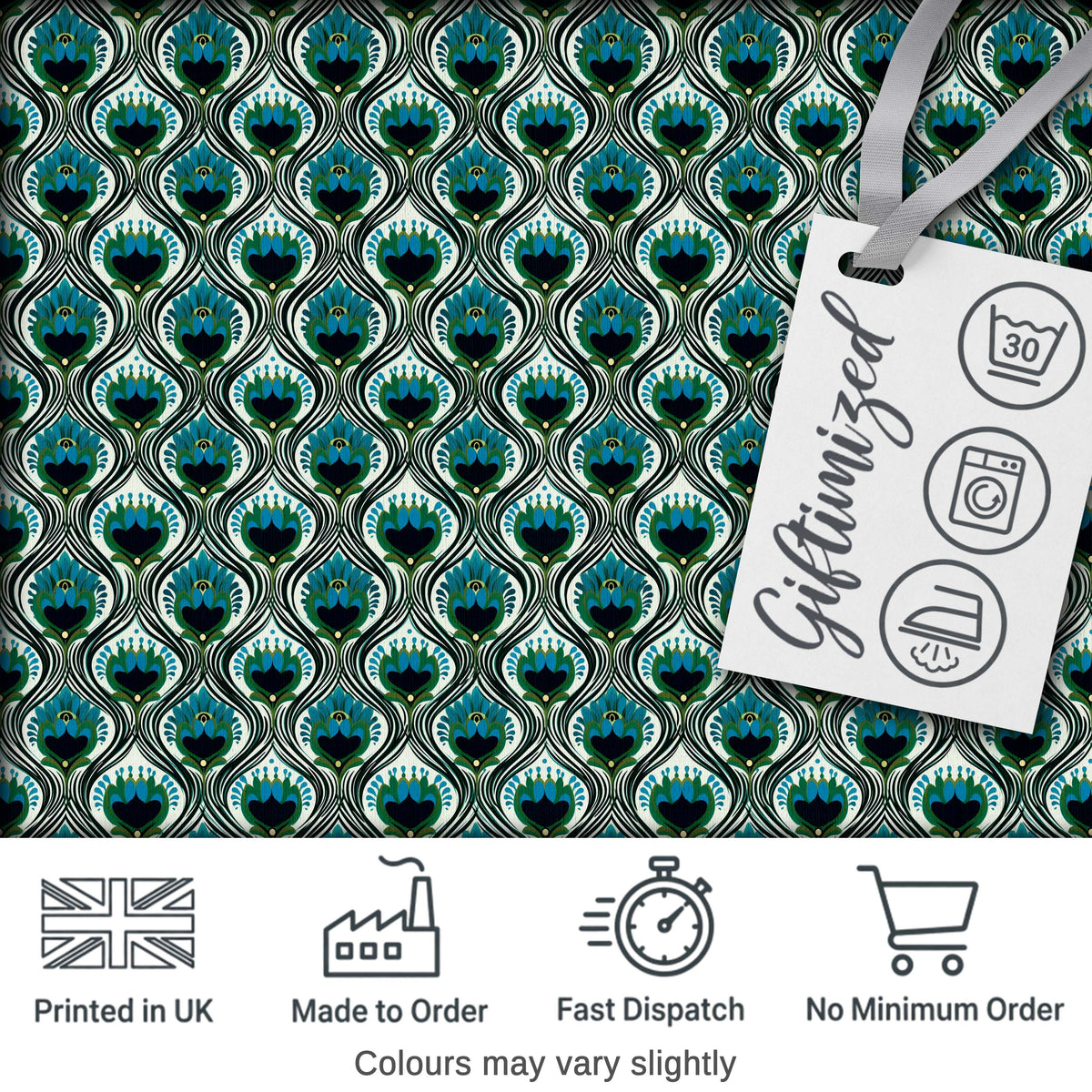 Elegant Peacock Feather Fan Art Deco Style Seamless Pattern Digital Print Fabric by the Metre UK Sewing Quilting Textile