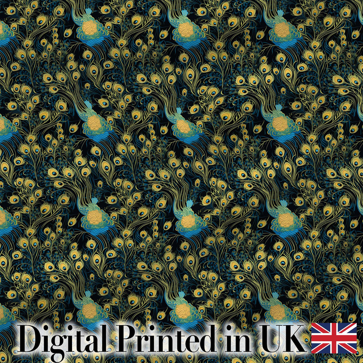 Luxury Dark Peacock Feathers with Gold Details Seamless Pattern Digital Print Fabric by the Metre UK Sewing Quilting Textile