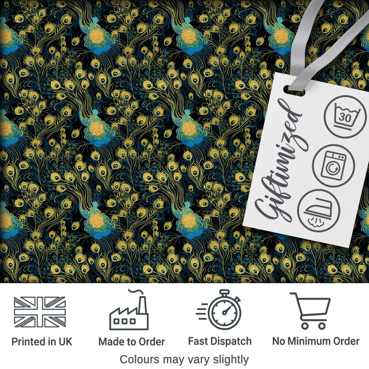 Luxury Dark Peacock Feathers with Gold Details Seamless Pattern Digital Print Fabric by the Metre UK Sewing Quilting Textile