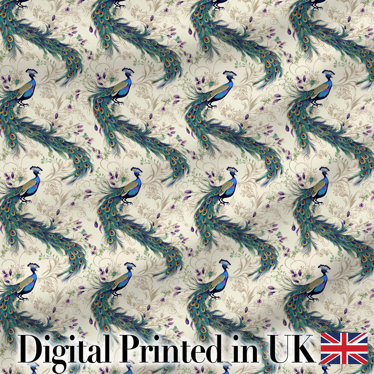 Ornate Peacock Birds with Decorative Floral Swirls Seamless Pattern Digital Print Fabric by the Metre UK Sewing Quilting Textile