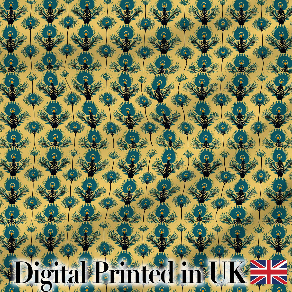 Art Deco Peacock Feather Motif in Teal and Gold Repeating Seamless Pattern Digital Print Fabric by the Metre UK Sewing Quilting Textile