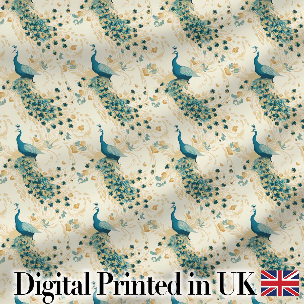 Graceful Peacock Birds with Flowing Feather Trails Seamless Pattern Digital Print Fabric by the Metre UK Sewing Quilting Textile