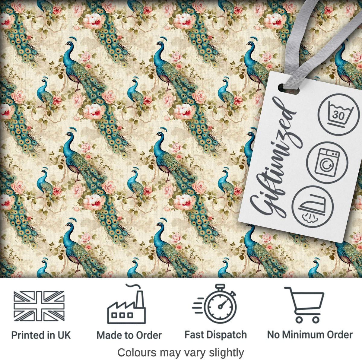 Vintage Peacock Birds with Pink Roses Floral Garden Seamless Pattern Digital Print Fabric by the Metre UK Sewing Quilting Textile