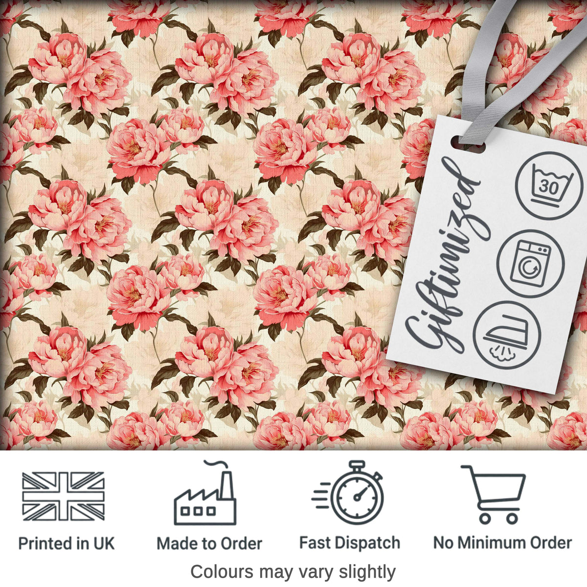 Delicate Pink Peony Blossoms on Neutral Background Seamless Pattern Digital Print Fabric by the Metre UK Sewing Quilting Textile