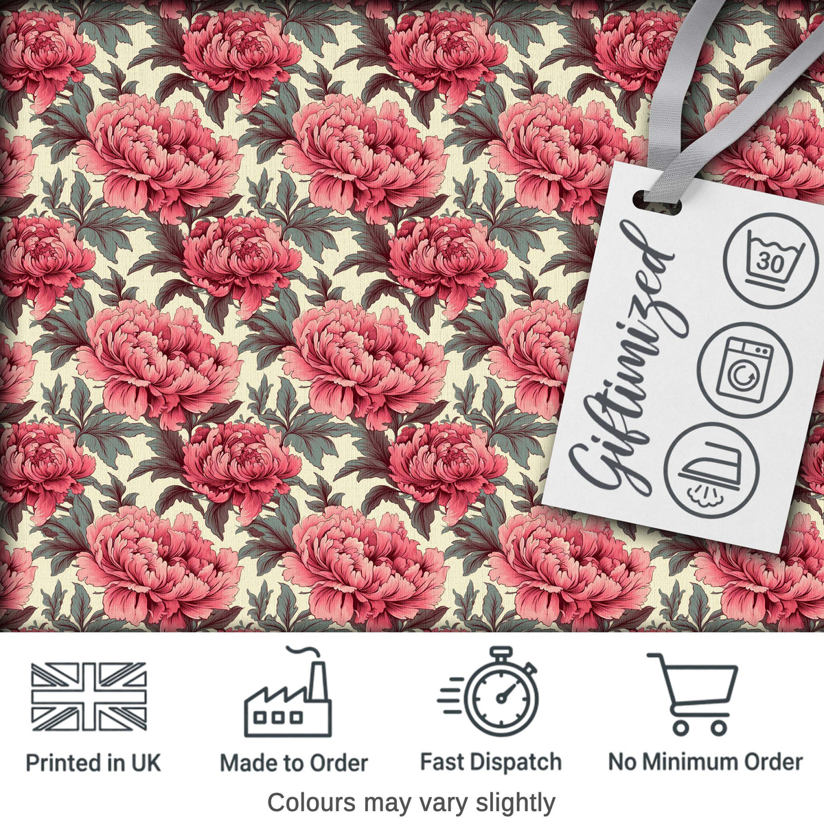 Classic Pink Peony Blooms with Sage Green Leaves Seamless Pattern Digital Print Fabric by the Metre UK Sewing Quilting Textile