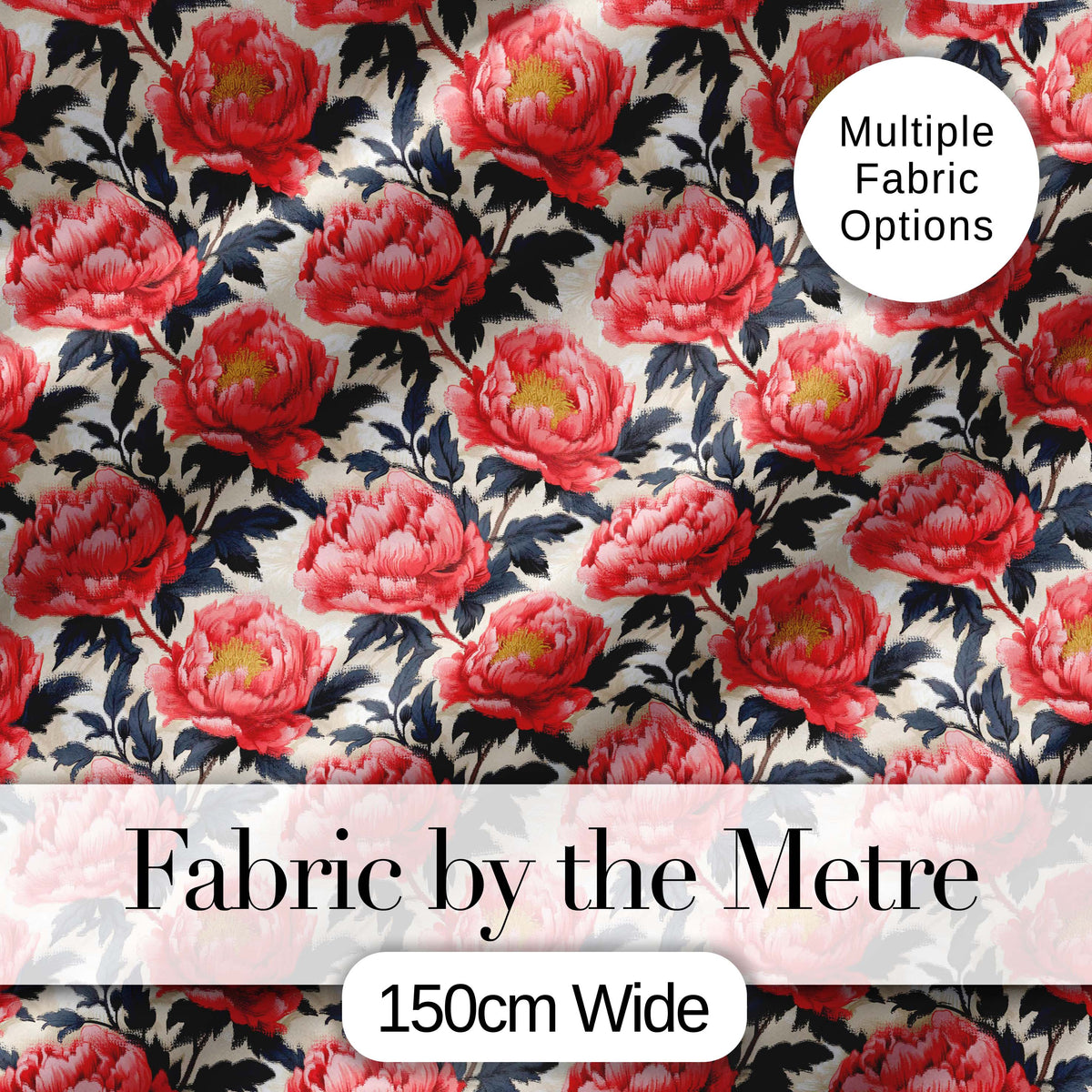 Coral Red Peony Flowers with Dark Leaves Seamless Pattern Digital Print Fabric by the Metre UK Sewing Quilting Textile