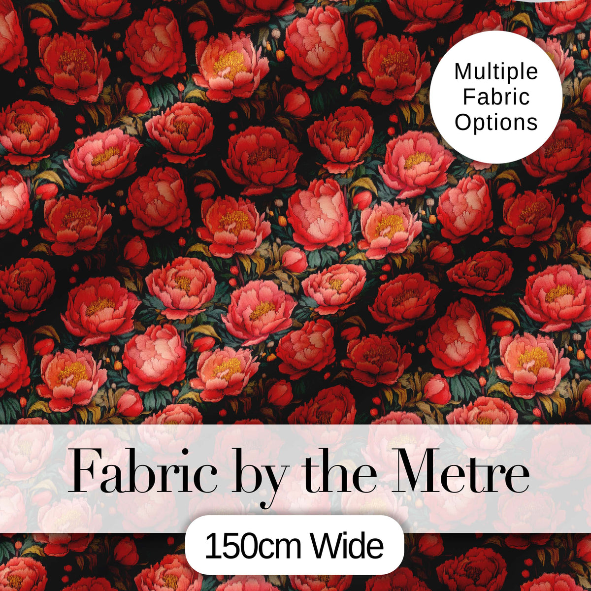 Deep Coral Peony Flowers with Dark Green Leaves Seamless Pattern Digital Print Fabric by the Metre UK Sewing Quilting Textile