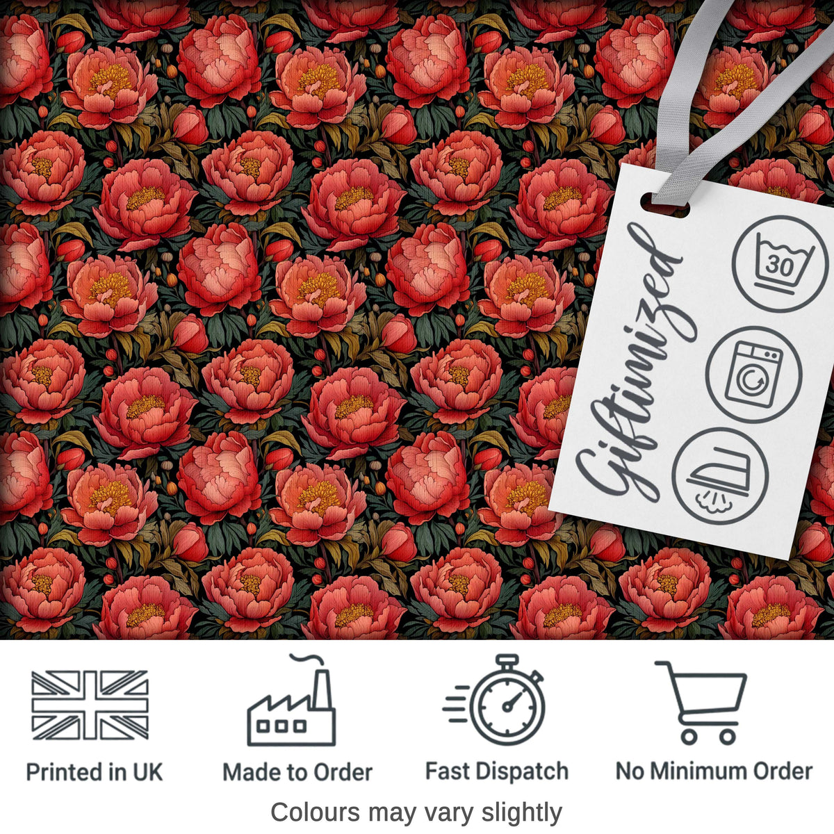 Deep Coral Peony Flowers with Dark Green Leaves Seamless Pattern Digital Print Fabric by the Metre UK Sewing Quilting Textile