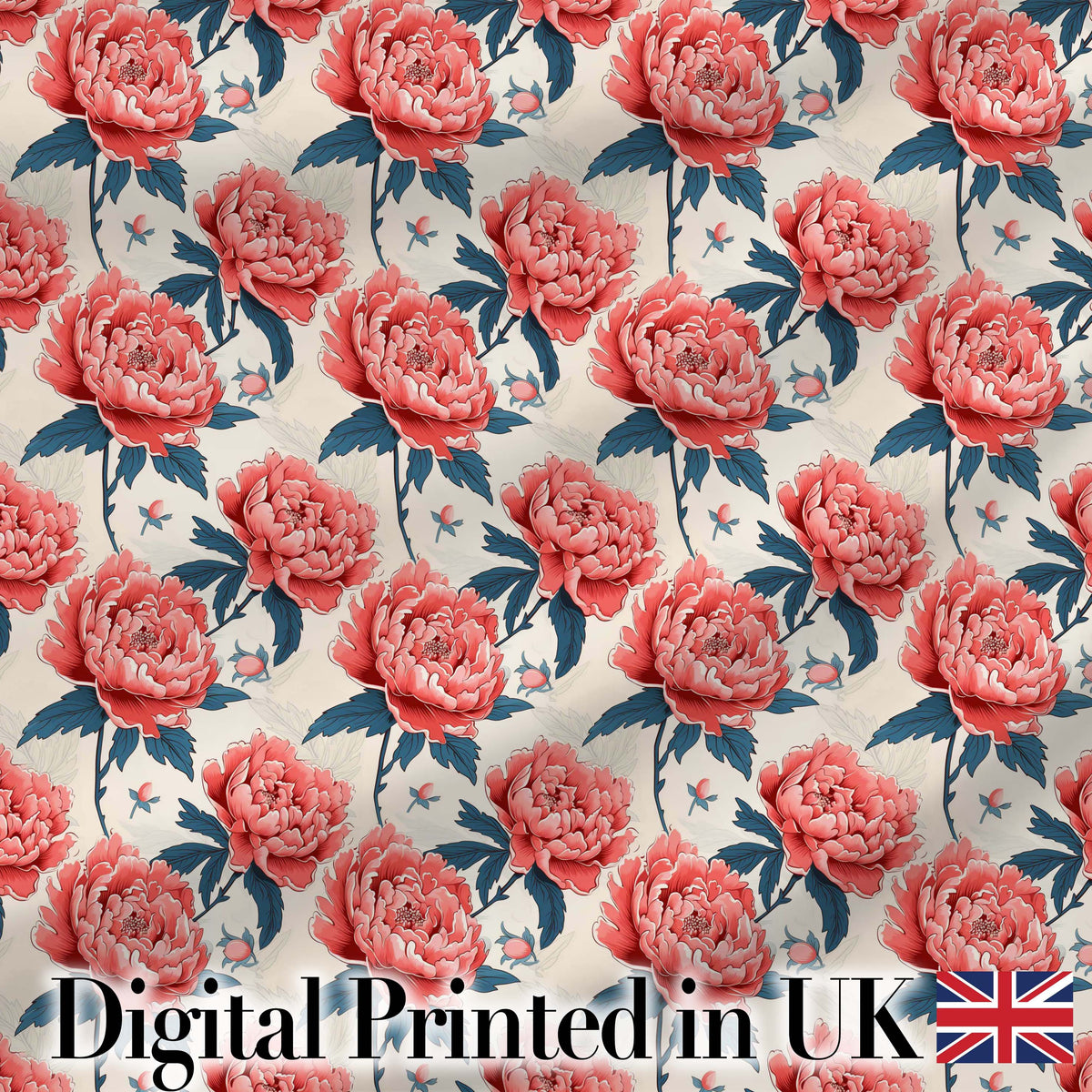 Elegant Coral Peony Flowers with Blue Leaves Soft Beige Seamless Pattern Digital Print Fabric by the Metre UK Sewing Quilting Textile