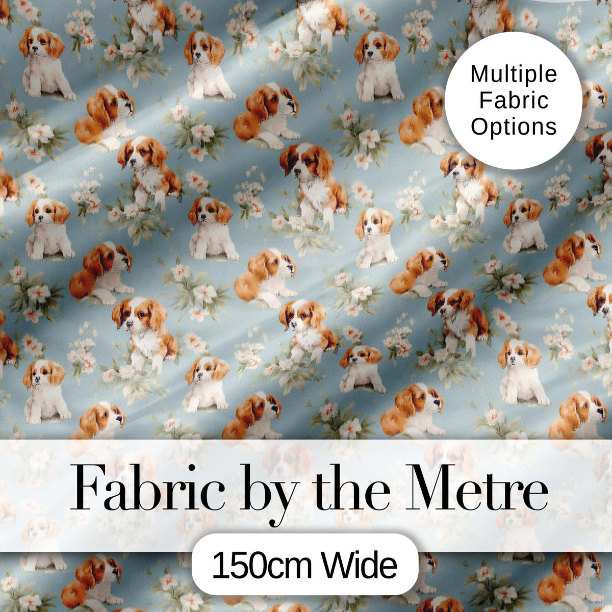 Adorable Puppy Dogs with Floral Elements Soft Blue Seamless Pattern Digital Print Fabric by the Metre UK Sewing Quilting Textile