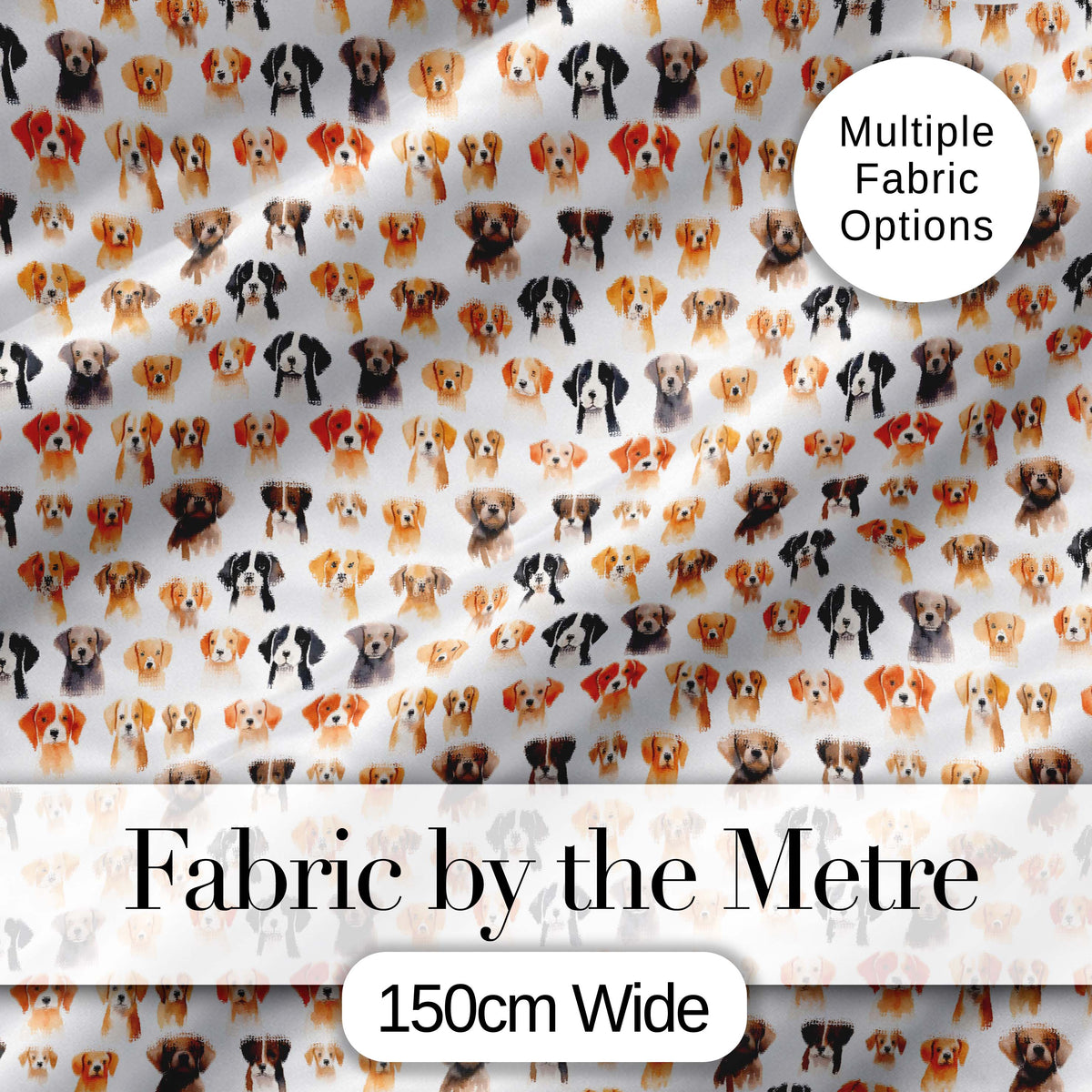 Cute Watercolor Dog Faces on White Background Seamless Pattern Digital Print Fabric by the Metre UK Sewing Quilting Textile