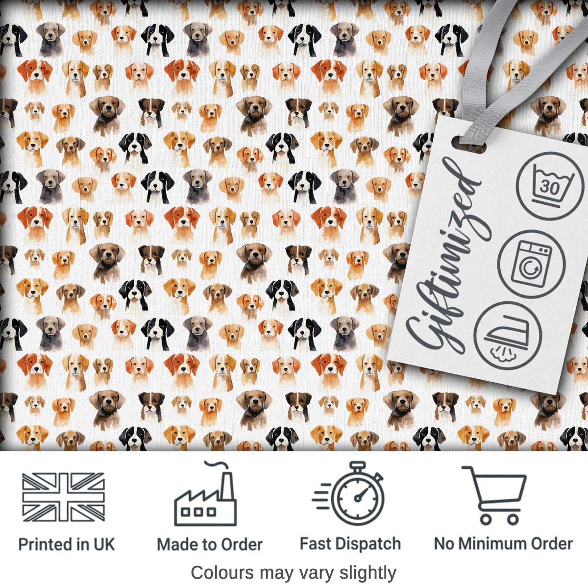 Cute Watercolor Dog Faces on White Background Seamless Pattern Digital Print Fabric by the Metre UK Sewing Quilting Textile