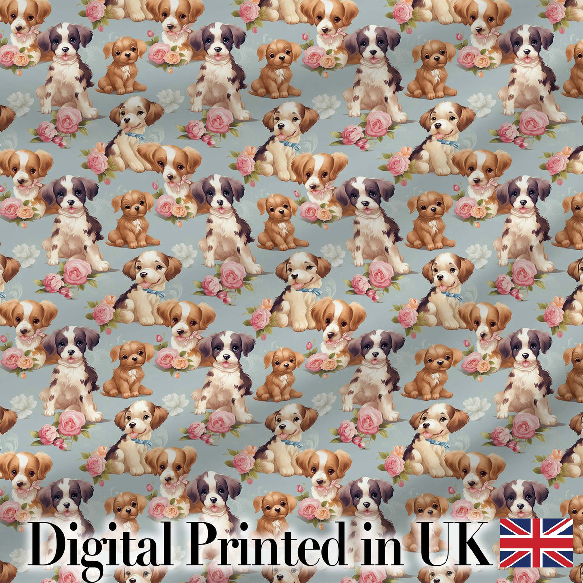 Adorable Cartoon Puppies with Pink Roses Blue Background Seamless Pattern Digital Print Fabric by the Metre UK Sewing Quilting Textile