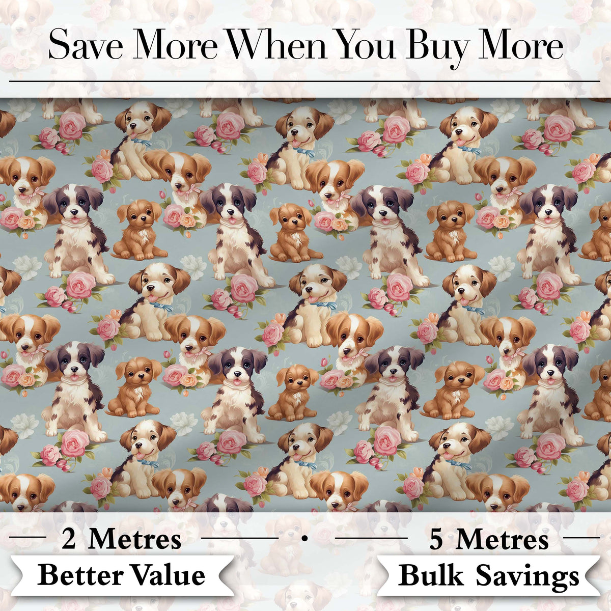Adorable Cartoon Puppies with Pink Roses Blue Background Seamless Pattern Digital Print Fabric by the Metre UK Sewing Quilting Textile