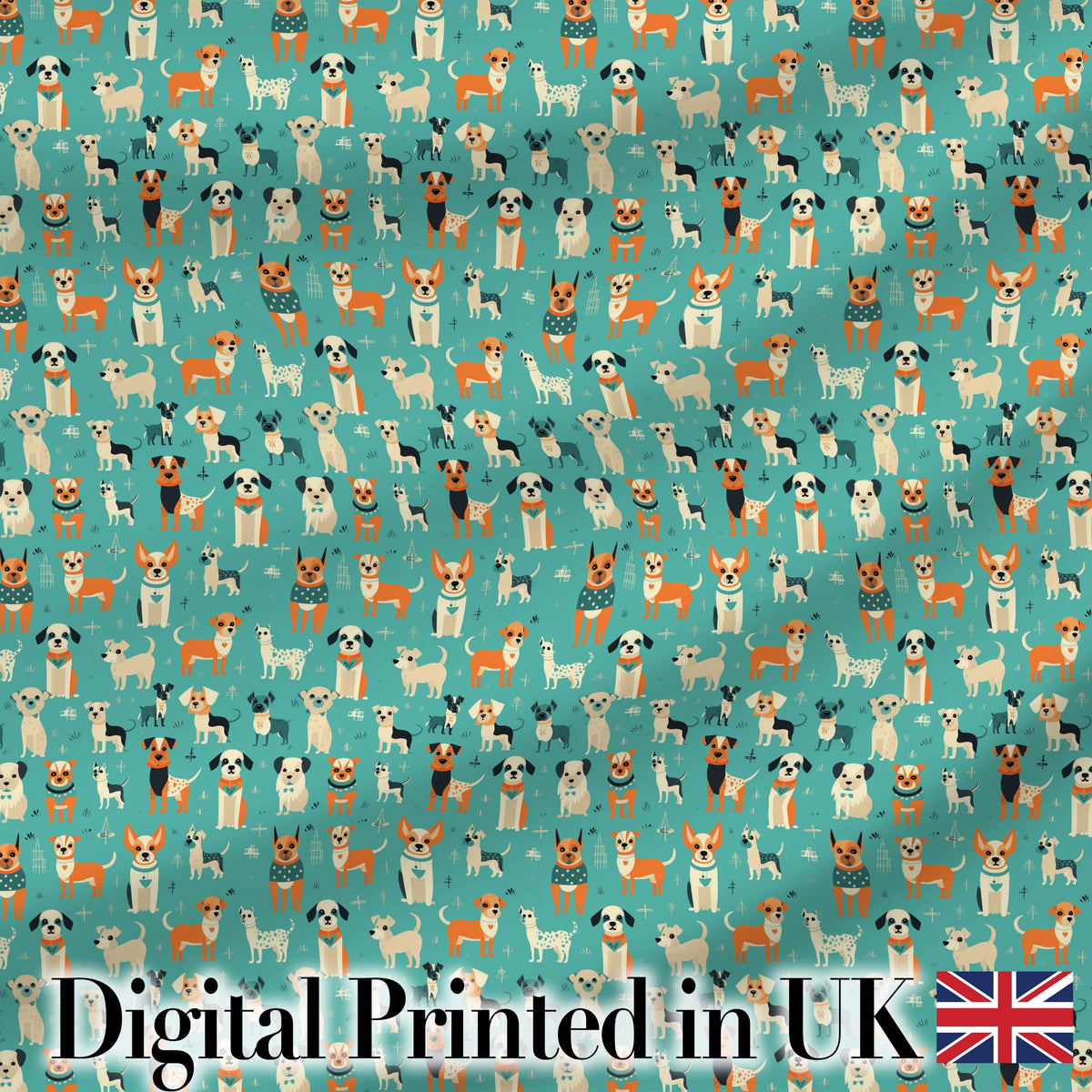 Cute Cartoon Dogs on Teal Background Fun Seamless Pattern Digital Print Fabric by the Metre UK Sewing Quilting Textile