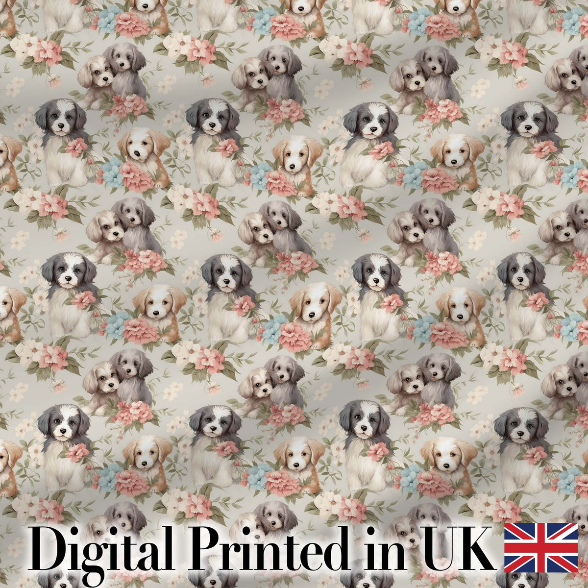Soft Fluffy Puppies with Pastel Flowers Seamless Pattern Digital Print Fabric by the Metre UK Sewing Quilting Textile
