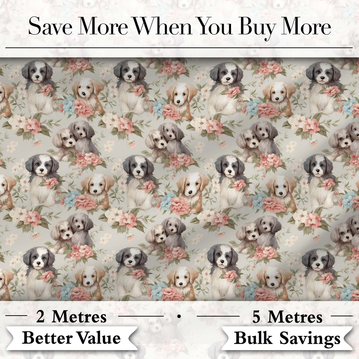 Soft Fluffy Puppies with Pastel Flowers Seamless Pattern Digital Print Fabric by the Metre UK Sewing Quilting Textile