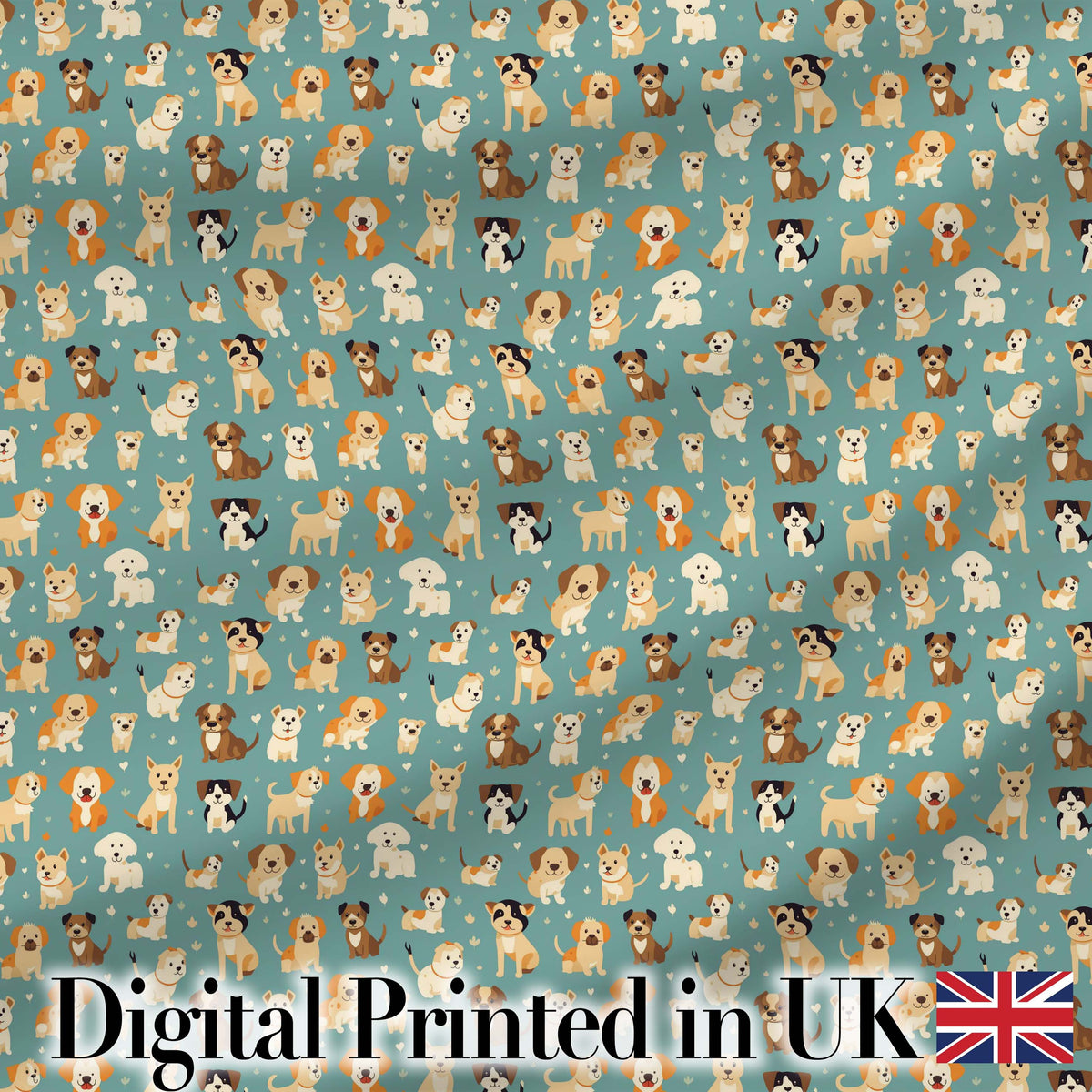Cute Cartoon Puppy Dogs with Hearts Teal Background Seamless Pattern Digital Print Fabric by the Metre UK Sewing Quilting Textile