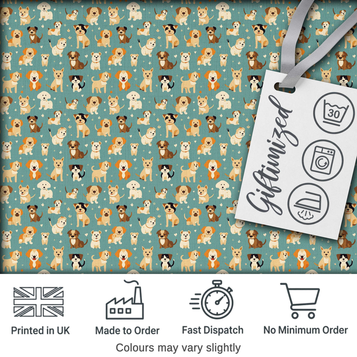 Cute Cartoon Puppy Dogs with Hearts Teal Background Seamless Pattern Digital Print Fabric by the Metre UK Sewing Quilting Textile
