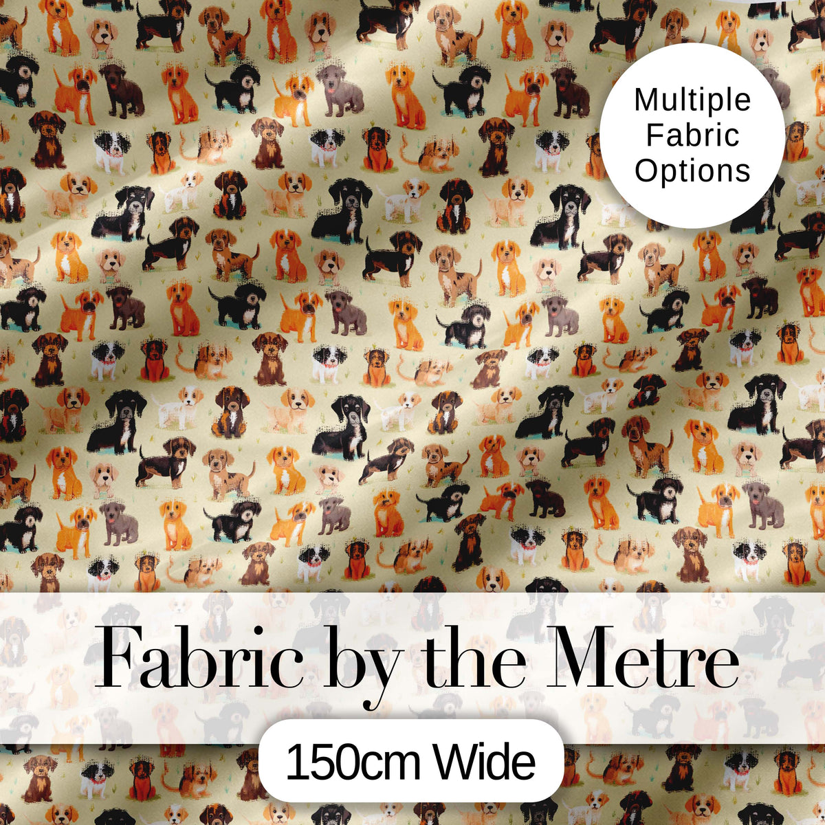 Cute Mixed Breed Puppy Dogs on Beige Background Seamless Pattern Digital Print Fabric by the Metre UK Sewing Quilting Textile