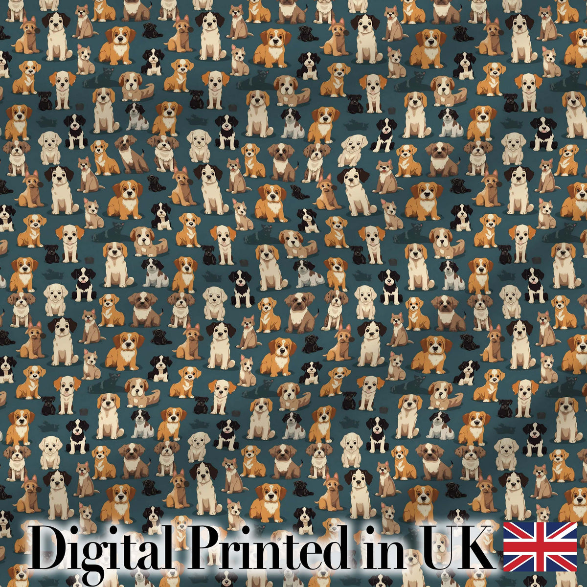 Adorable Cartoon Dogs Sitting on Dark Teal Seamless Pattern Digital Print Fabric by the Metre UK Sewing Quilting Textile