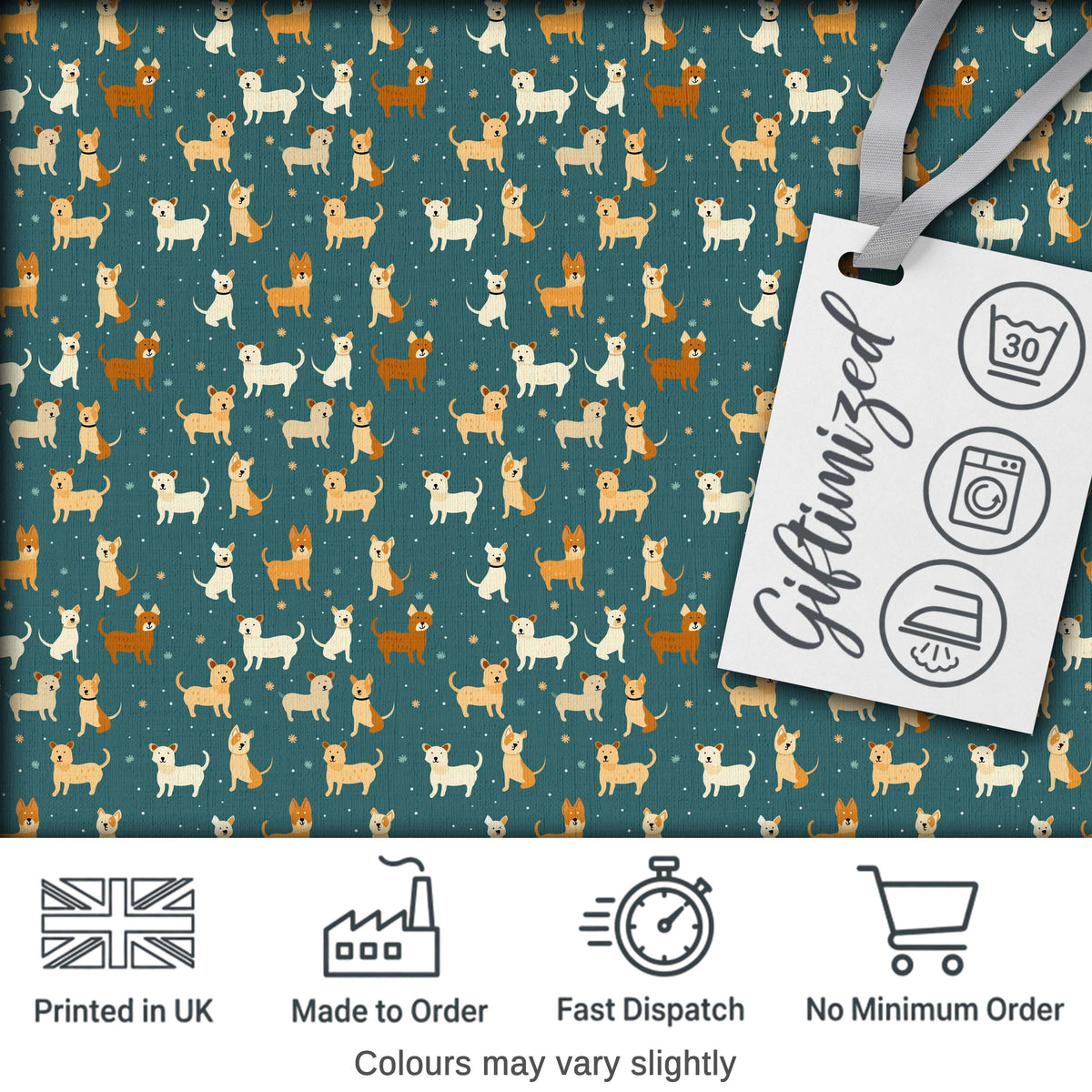 Cute Minimal Dog Characters on Teal Background Seamless Pattern Digital Print Fabric by the Metre UK Sewing Quilting Textile