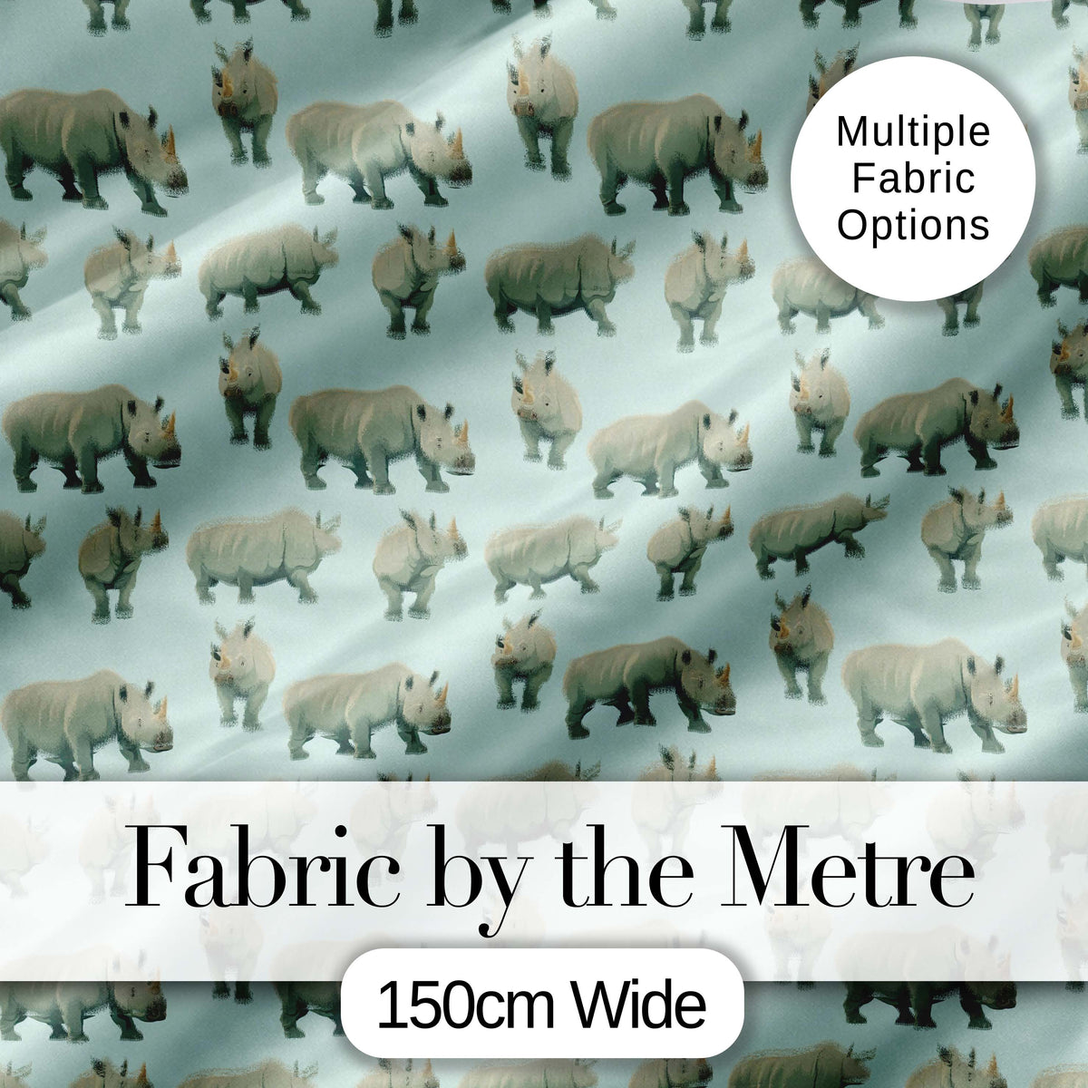 Realistic Rhino Figures on Soft Blue Background Seamless Pattern Digital Print Fabric by the Metre UK Sewing Quilting Textile