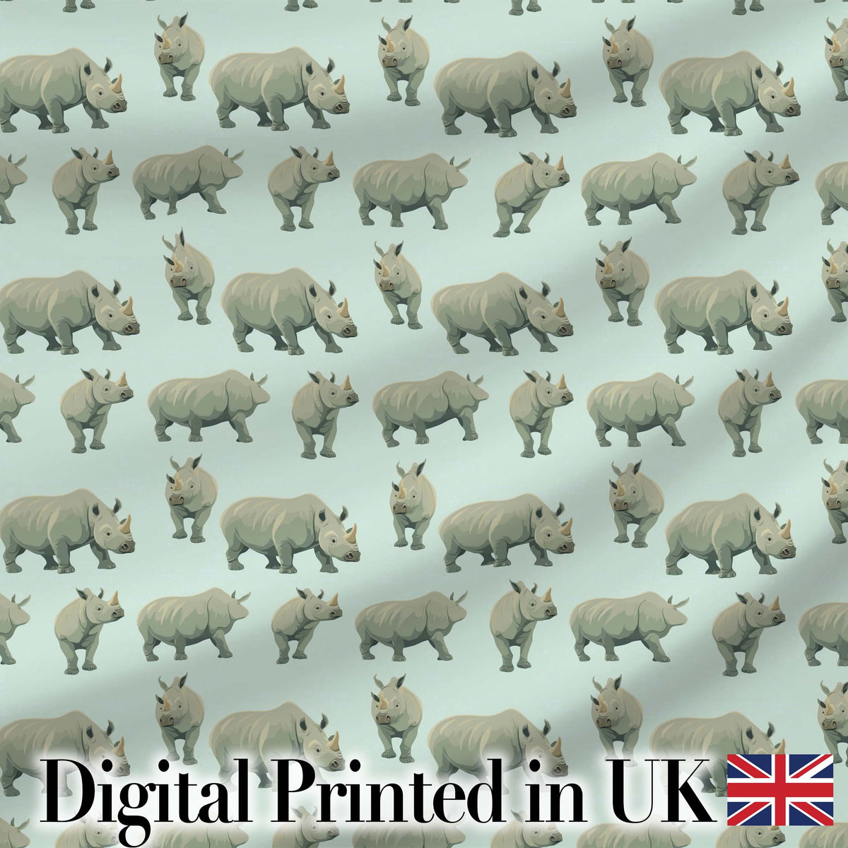 Realistic Rhino Figures on Soft Blue Background Seamless Pattern Digital Print Fabric by the Metre UK Sewing Quilting Textile