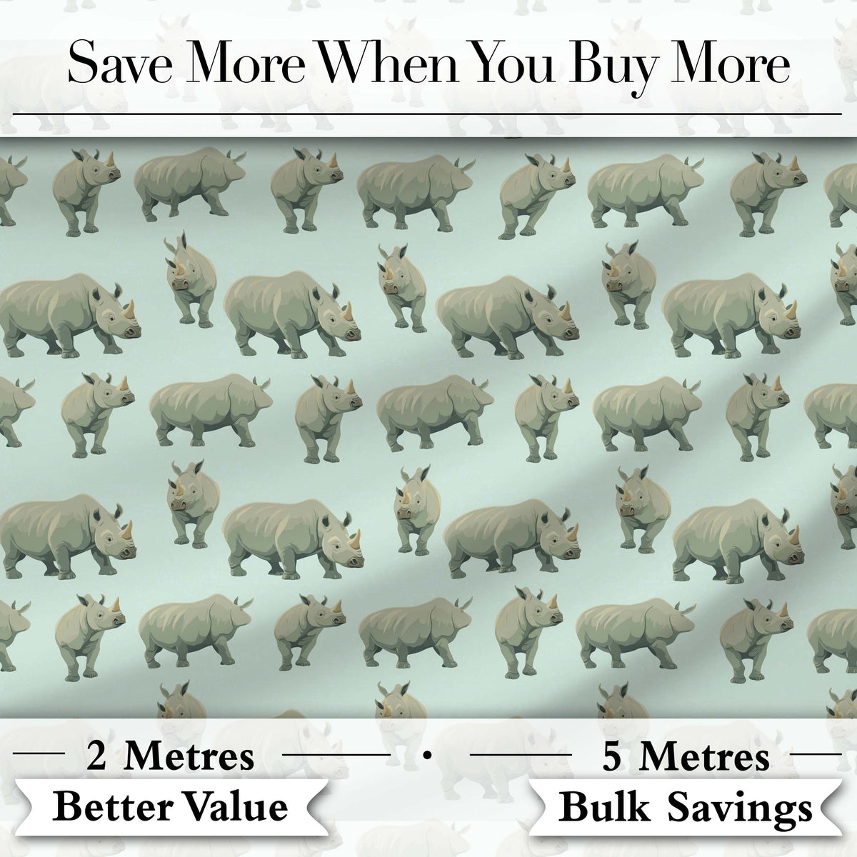 Realistic Rhino Figures on Soft Blue Background Seamless Pattern Digital Print Fabric by the Metre UK Sewing Quilting Textile