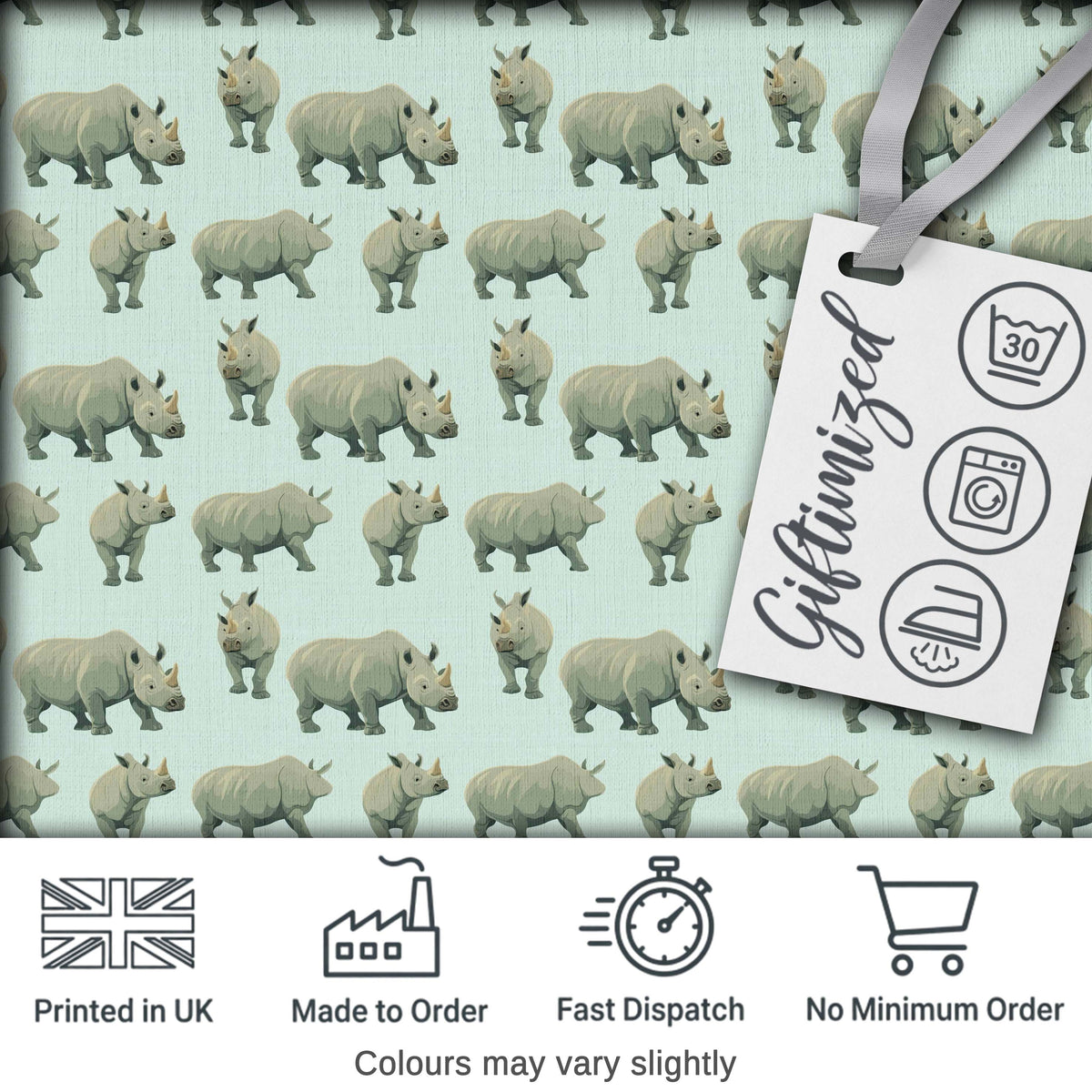 Realistic Rhino Figures on Soft Blue Background Seamless Pattern Digital Print Fabric by the Metre UK Sewing Quilting Textile