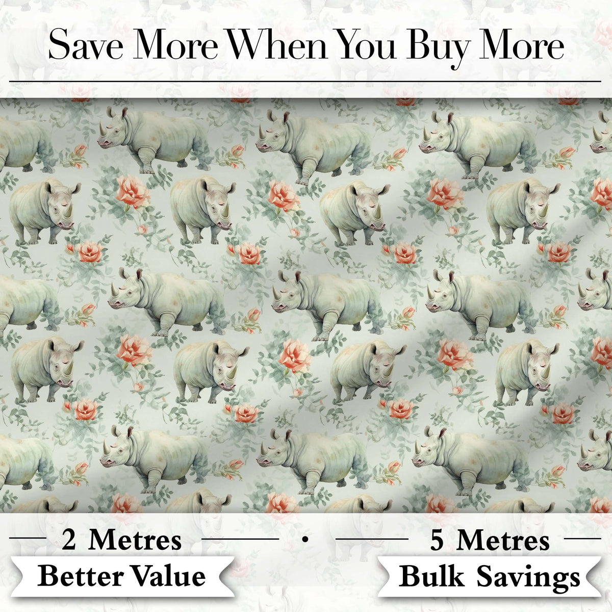 Elegant Rhino with Floral Rose Elements Seamless Pattern Digital Print Fabric by the Metre UK Sewing Quilting Textile