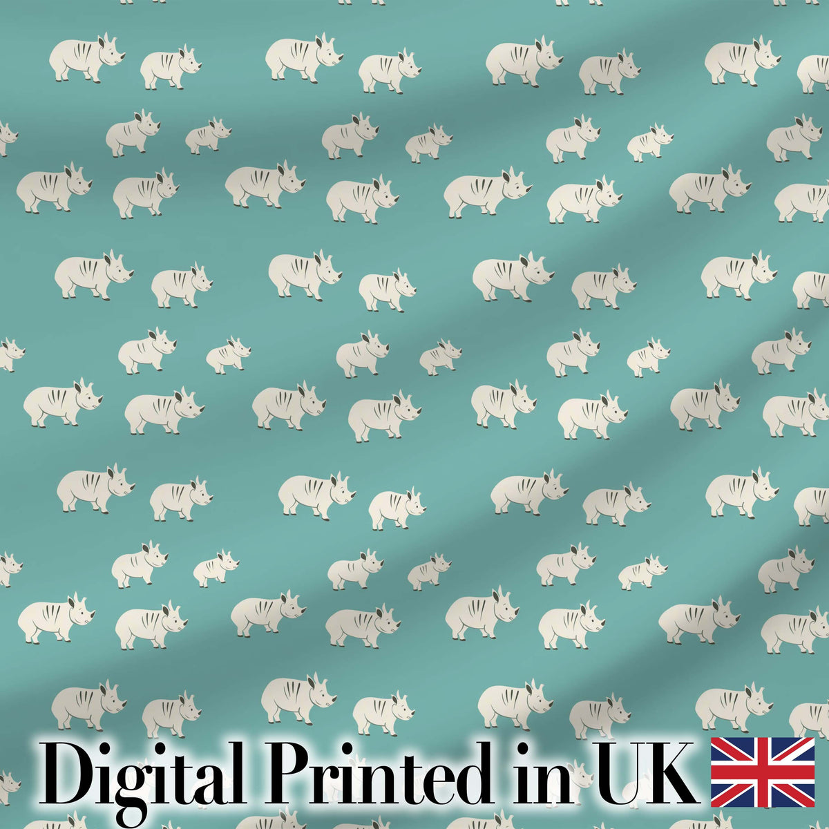 Minimal White Rhino on Teal Background Seamless Pattern Digital Print Fabric by the Metre UK Sewing Quilting Textile