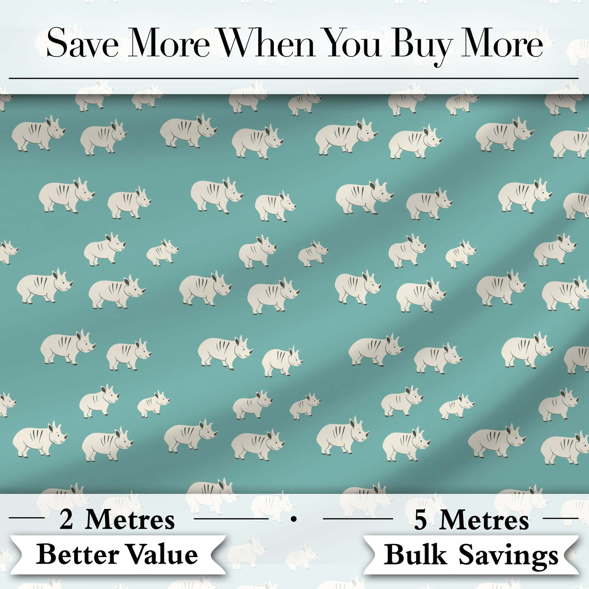 Minimal White Rhino on Teal Background Seamless Pattern Digital Print Fabric by the Metre UK Sewing Quilting Textile