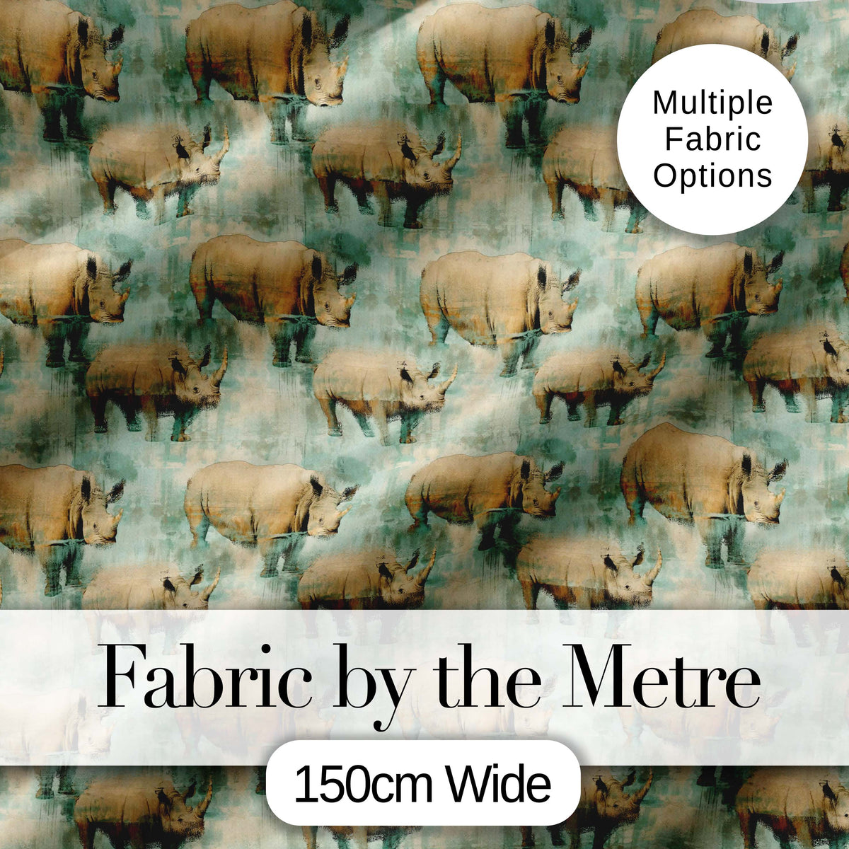 Vintage Textured Rhino Illustration in Earthy Tones Seamless Pattern Digital Print Fabric by the Metre UK Sewing Quilting Textile