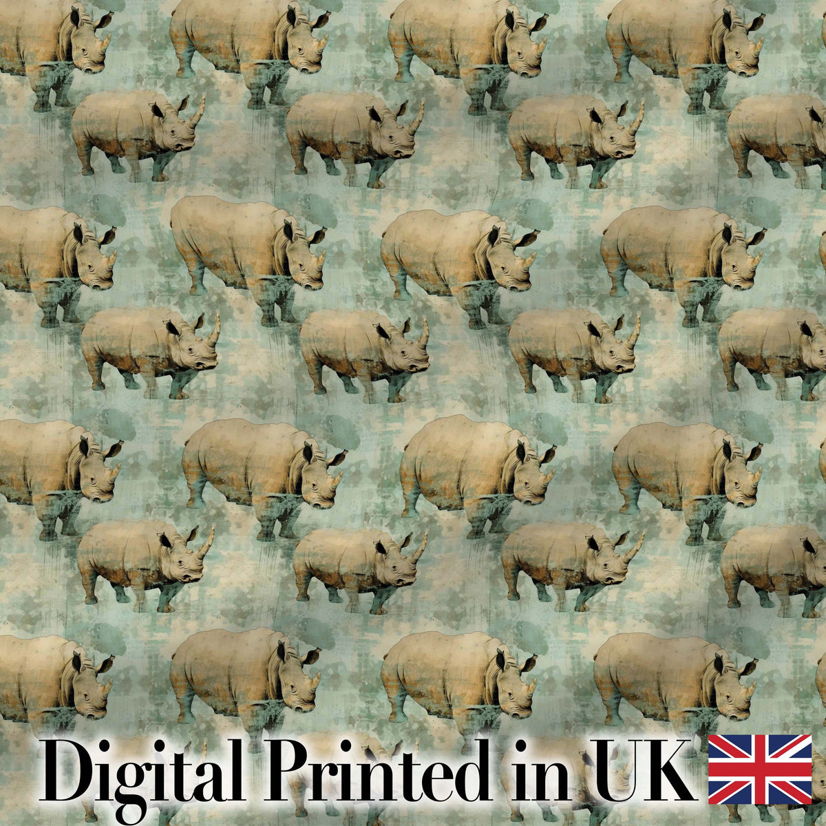 Vintage Textured Rhino Illustration in Earthy Tones Seamless Pattern Digital Print Fabric by the Metre UK Sewing Quilting Textile