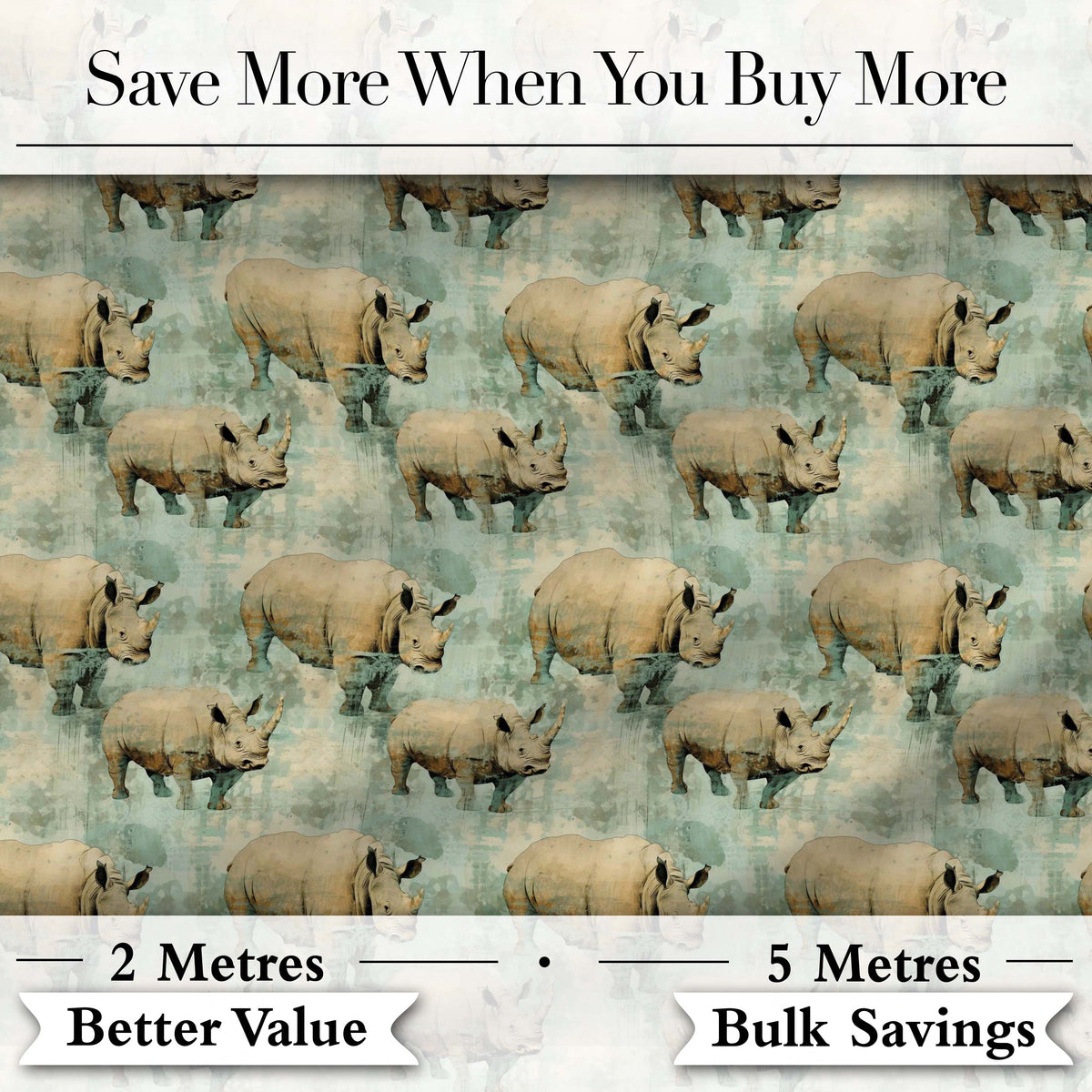 Vintage Textured Rhino Illustration in Earthy Tones Seamless Pattern Digital Print Fabric by the Metre UK Sewing Quilting Textile