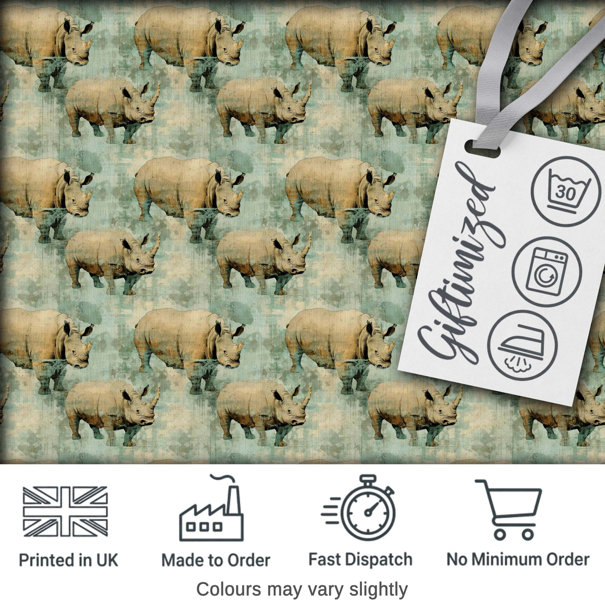 Vintage Textured Rhino Illustration in Earthy Tones Seamless Pattern Digital Print Fabric by the Metre UK Sewing Quilting Textile