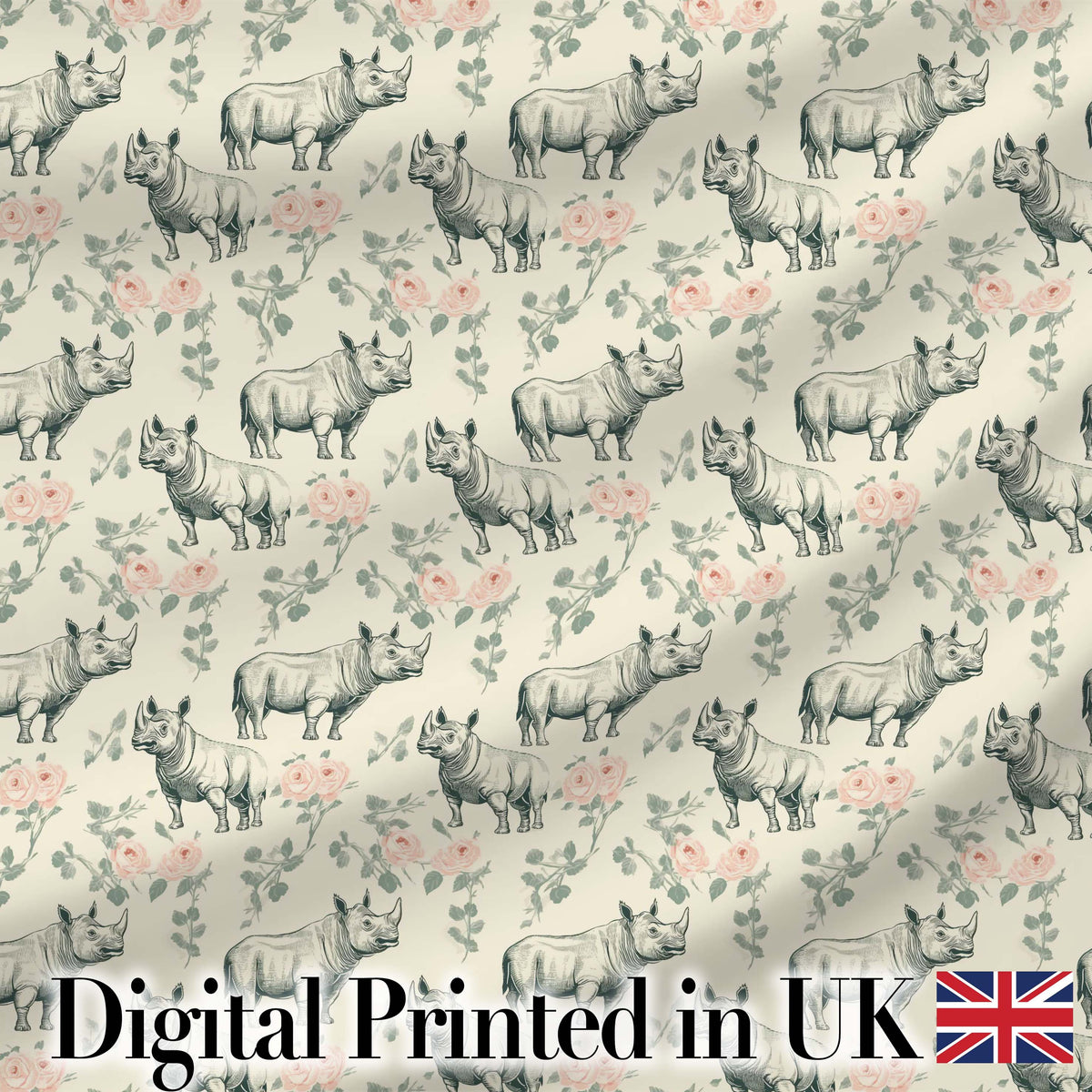 Classic Rhino Sketch with Floral Rose Details Seamless Pattern Digital Print Fabric by the Metre UK Sewing Quilting Textile