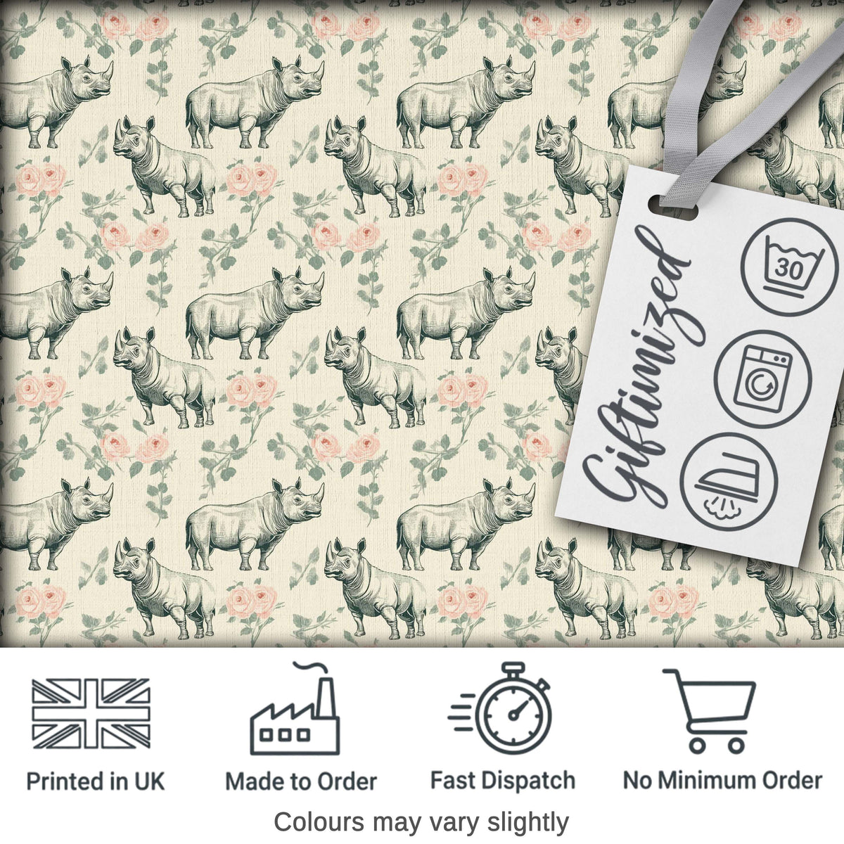 Classic Rhino Sketch with Floral Rose Details Seamless Pattern Digital Print Fabric by the Metre UK Sewing Quilting Textile